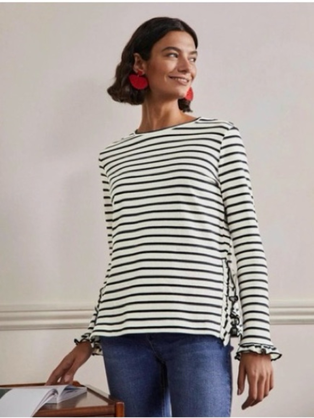 Boden White and Black Striped Long-Sleeve Top with Ruffle Cuffs